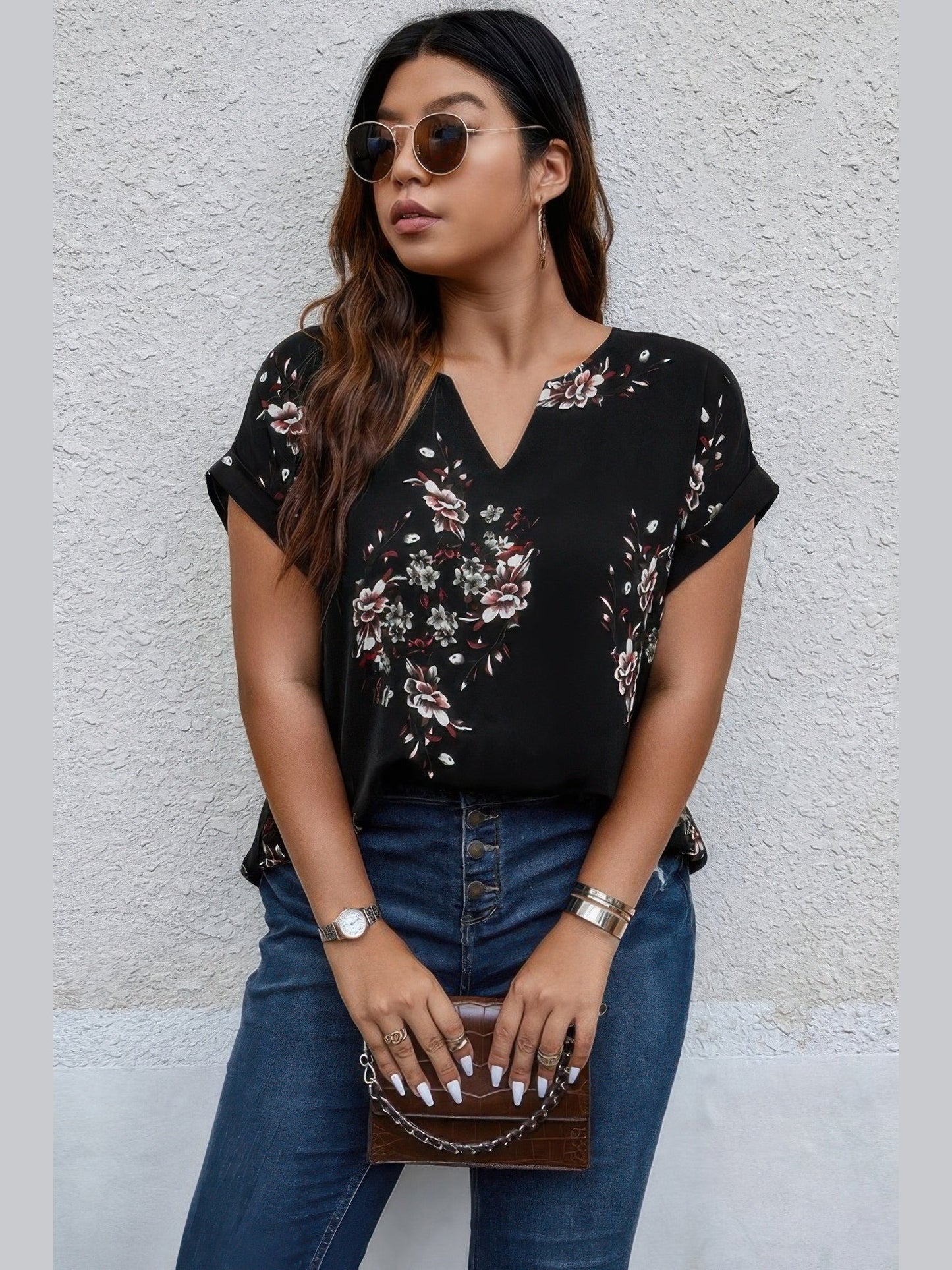Plus Size Floral Print V Neck Loose Blouse NicholesGifts