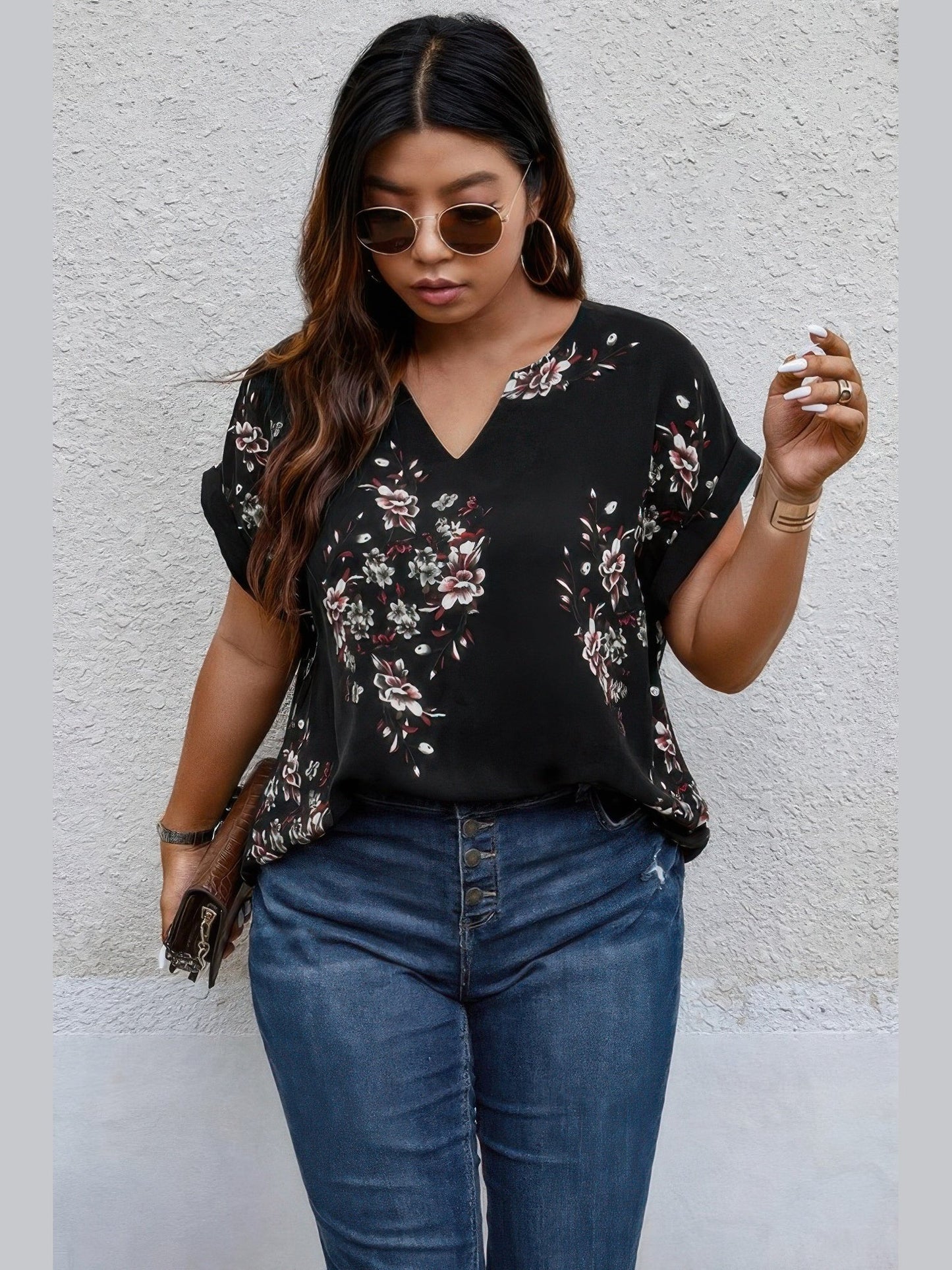 Plus Size Floral Print V Neck Loose Blouse NicholesGifts