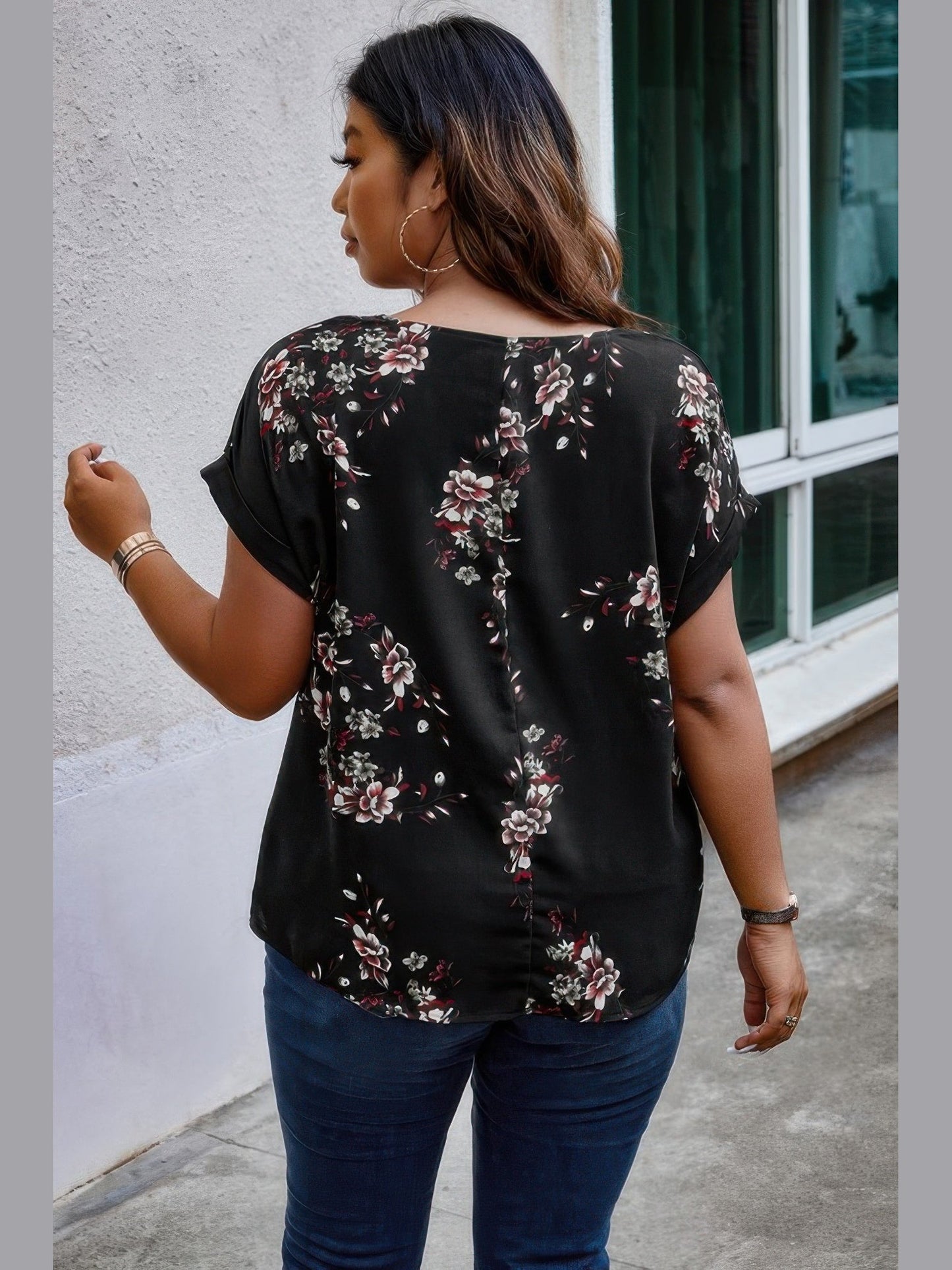 Plus Size Floral Print V Neck Loose Blouse NicholesGifts