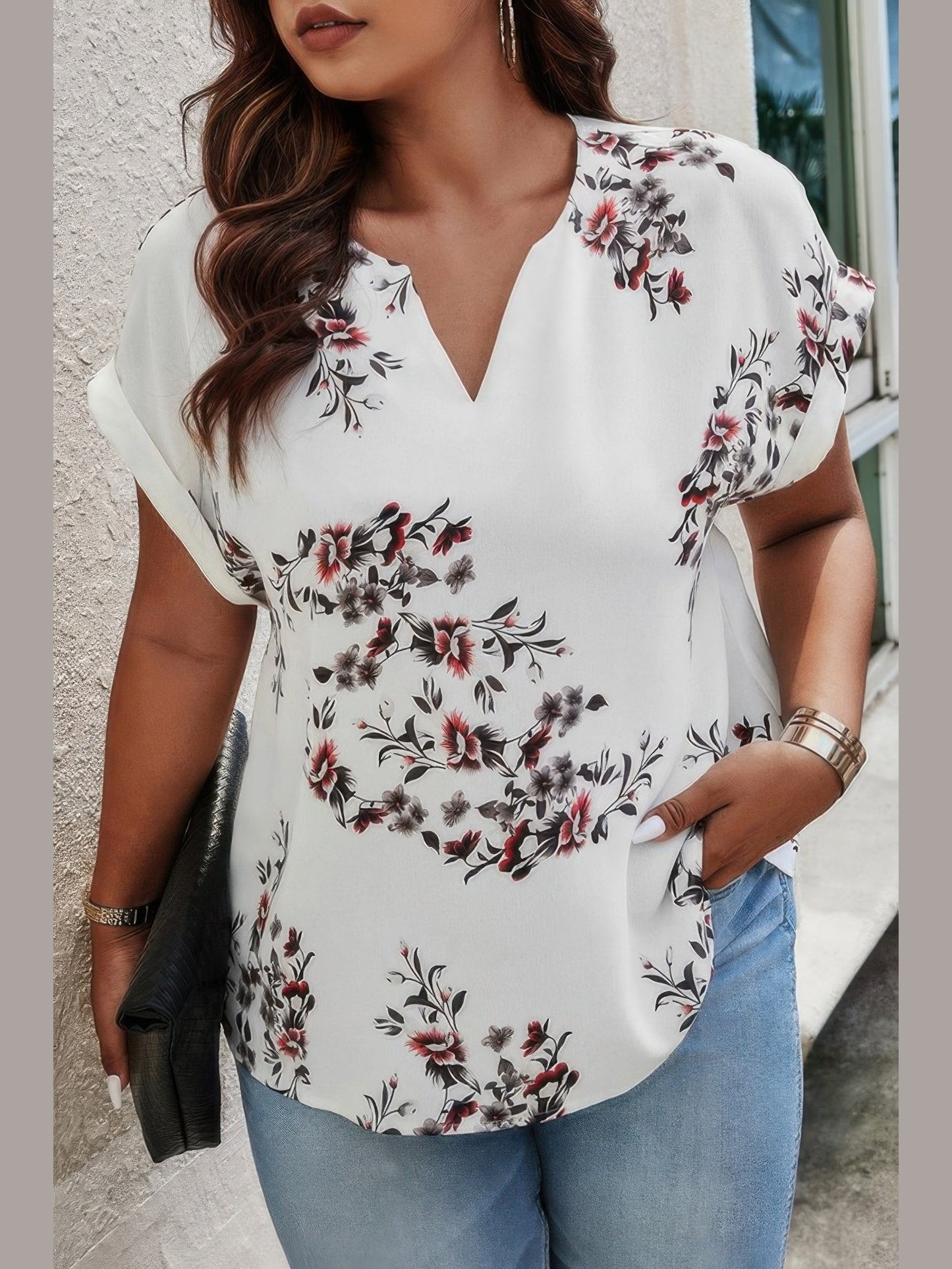 Plus Size Floral Print V Neck Loose Blouse NicholesGifts
