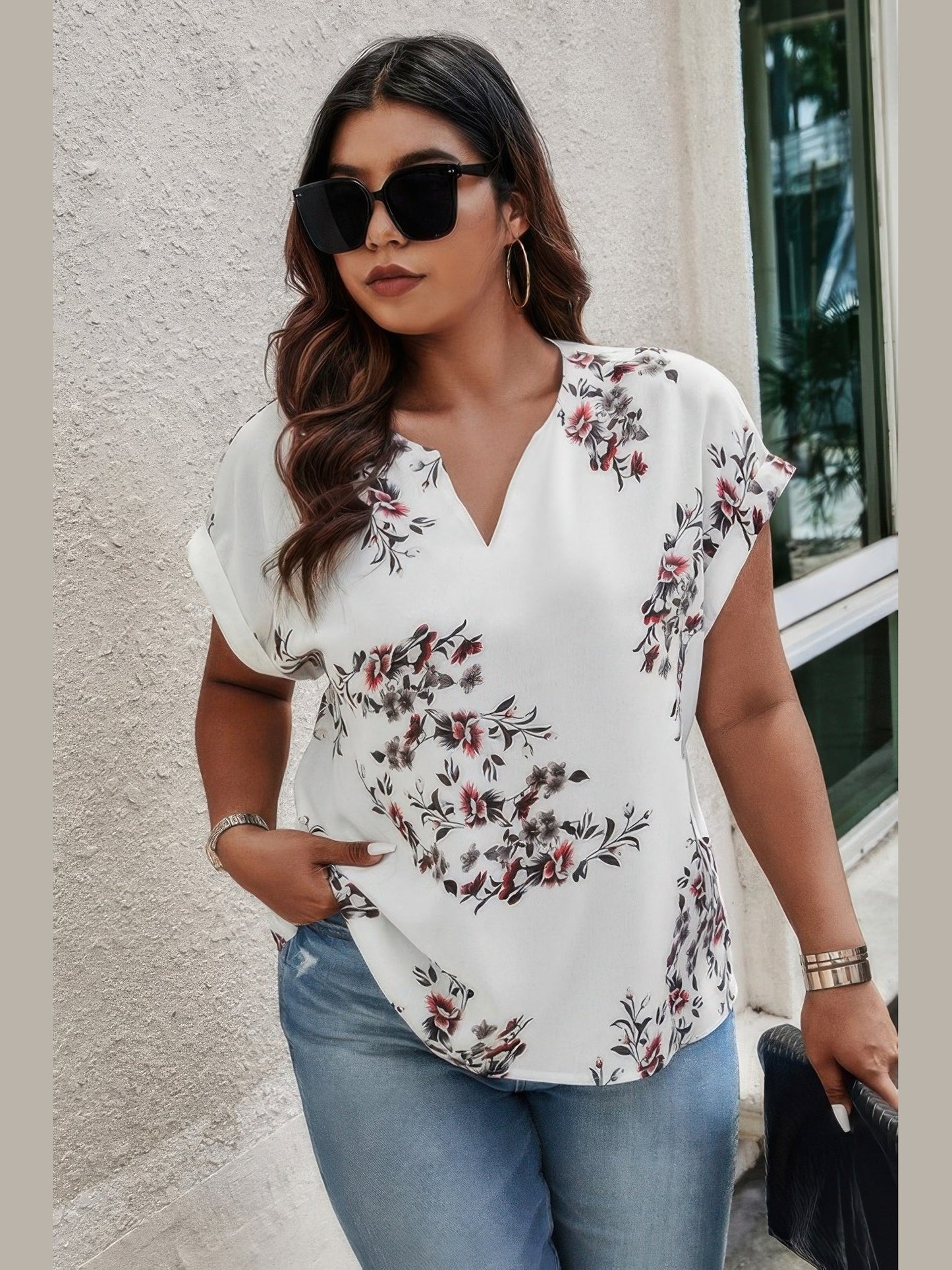 Plus Size Floral Print V Neck Loose Blouse NicholesGifts