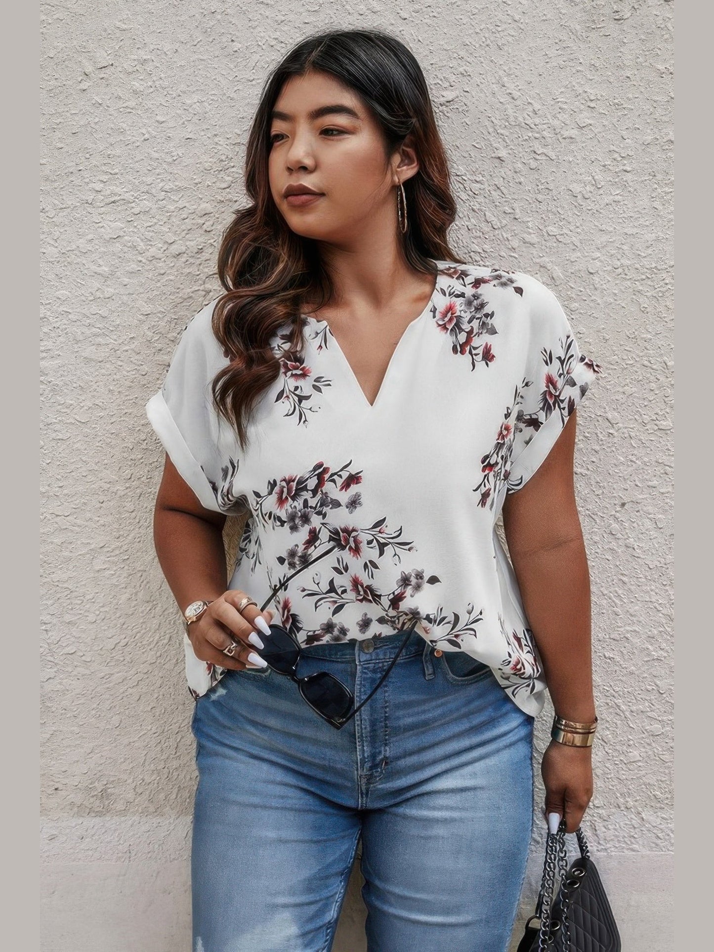 Plus Size Floral Print V Neck Loose Blouse NicholesGifts