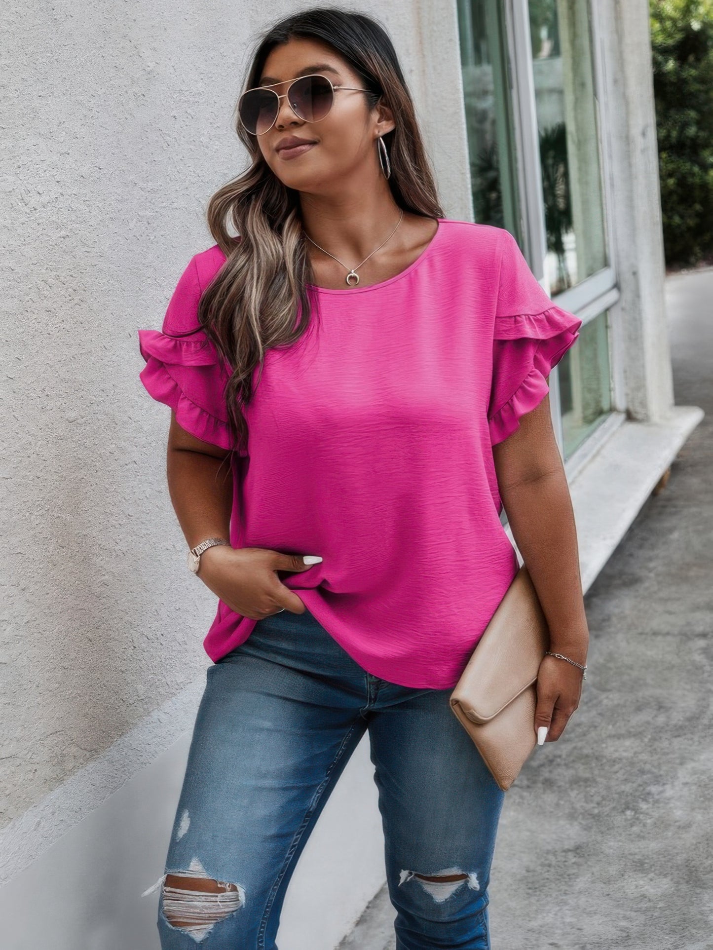 Plus Size Round Neck Ruffle Solid Loose Shirt NicholesGifts