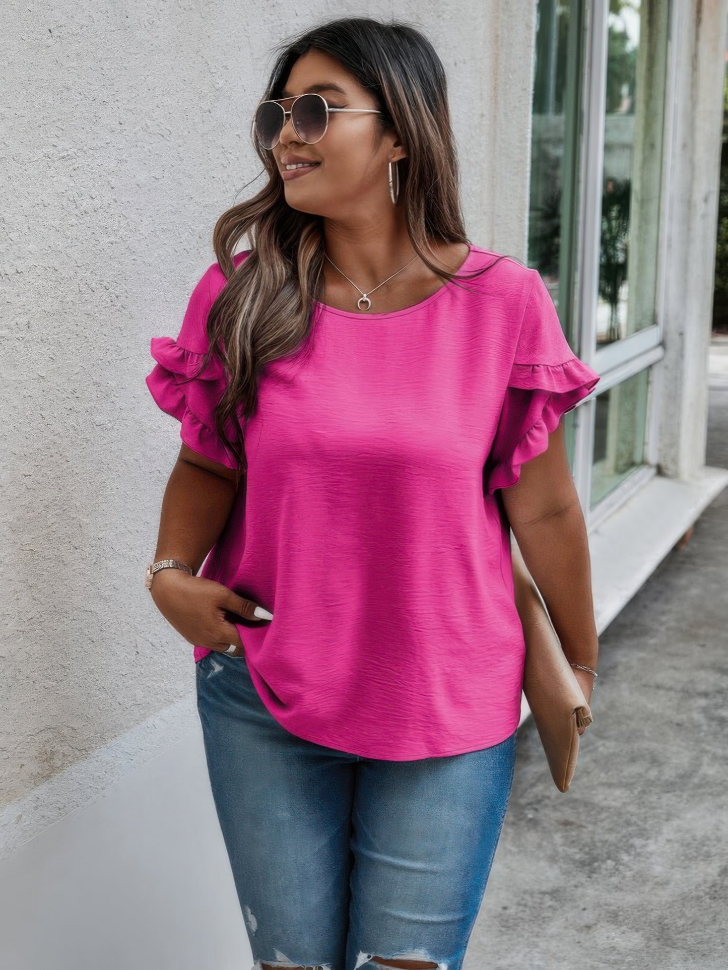 Plus Size Round Neck Ruffle Solid Loose Shirt NicholesGifts