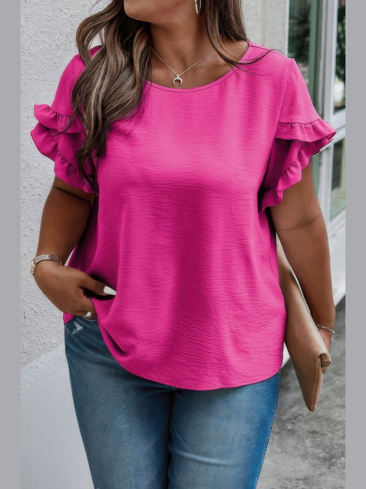 Plus Size Round Neck Ruffle Solid Loose Shirt NicholesGifts