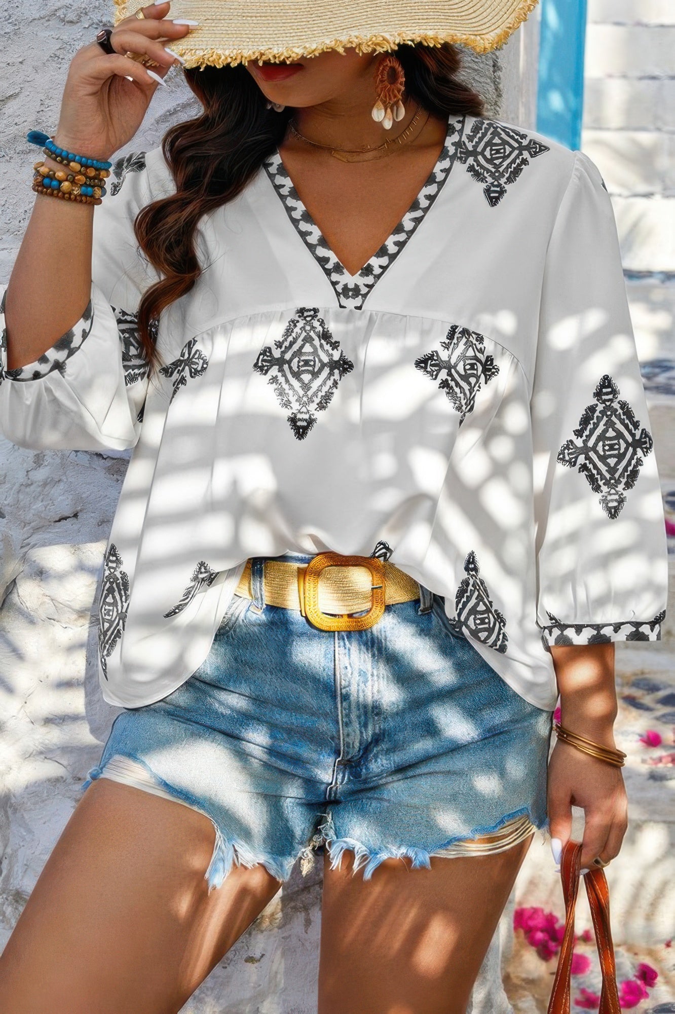 Plus Size Women V Neck Geometric Printed Embroidered Peplum Shirt NicholesGifts