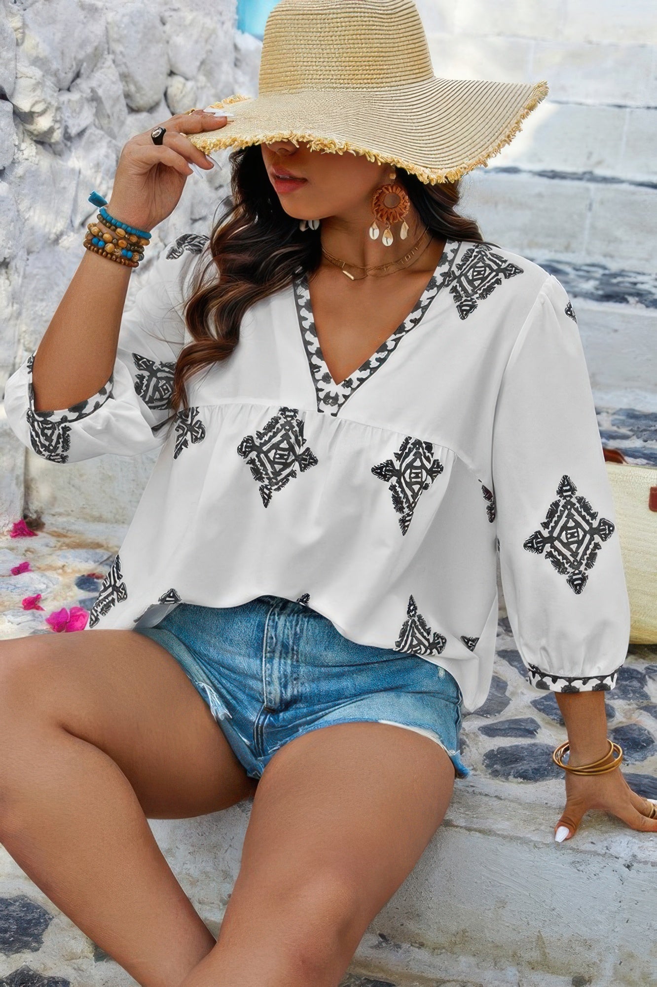 Plus Size Women V Neck Geometric Printed Embroidered Peplum Shirt NicholesGifts