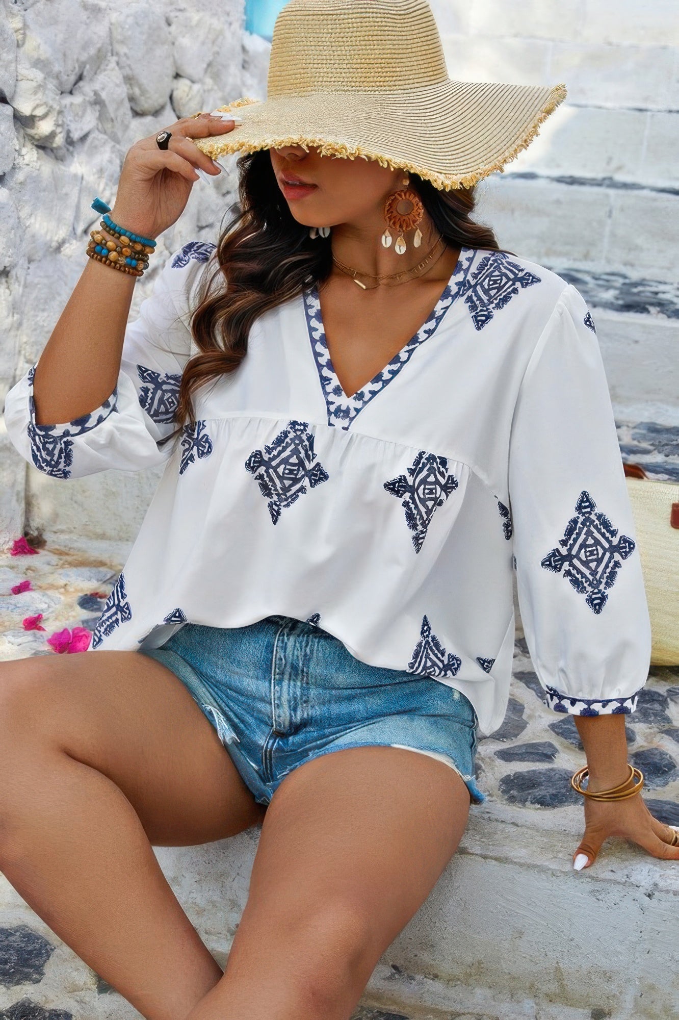 Plus Size Women V Neck Geometric Printed Embroidered Peplum Shirt NicholesGifts