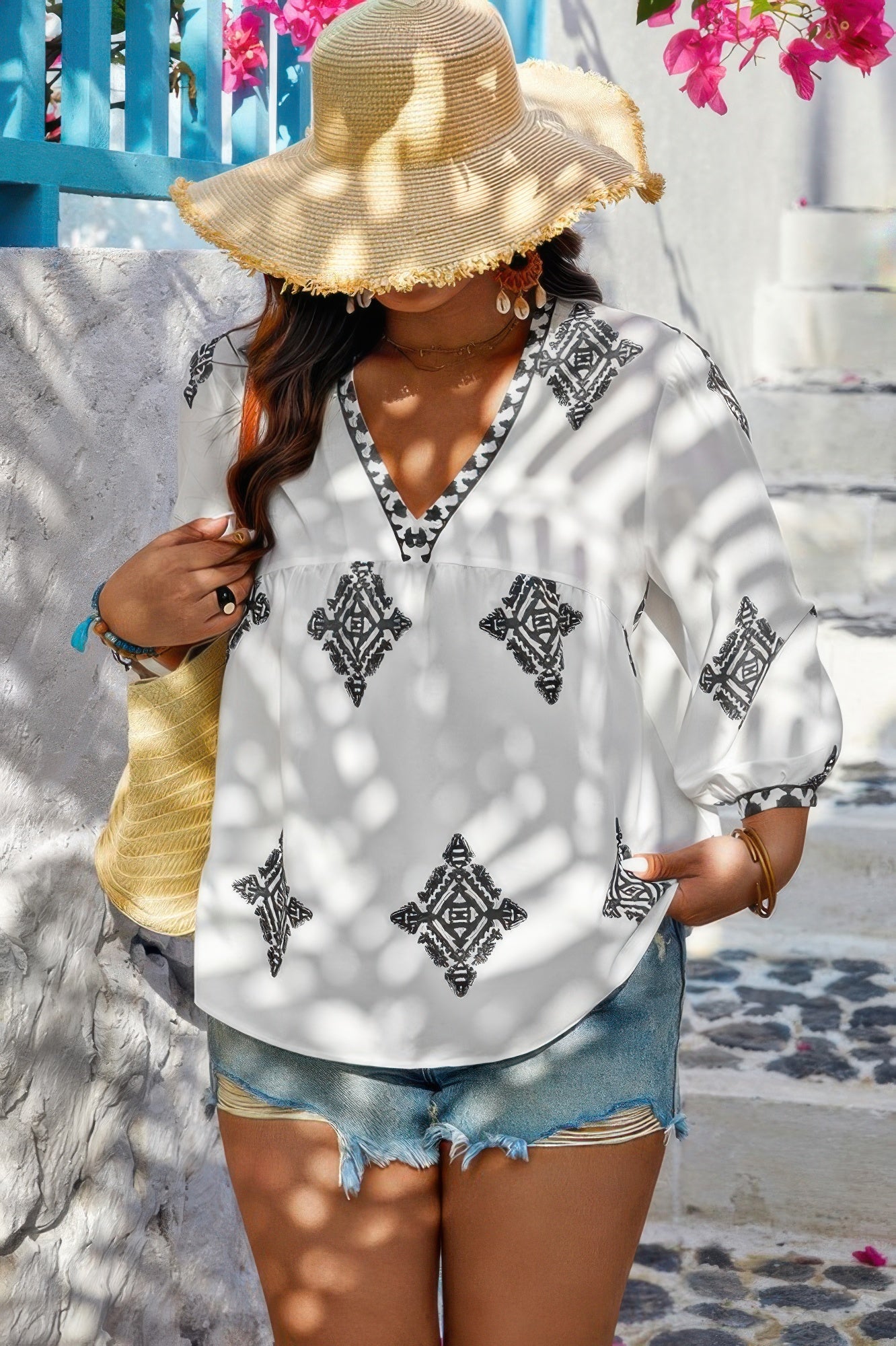 Plus Size Women V Neck Geometric Printed Embroidered Peplum Shirt NicholesGifts