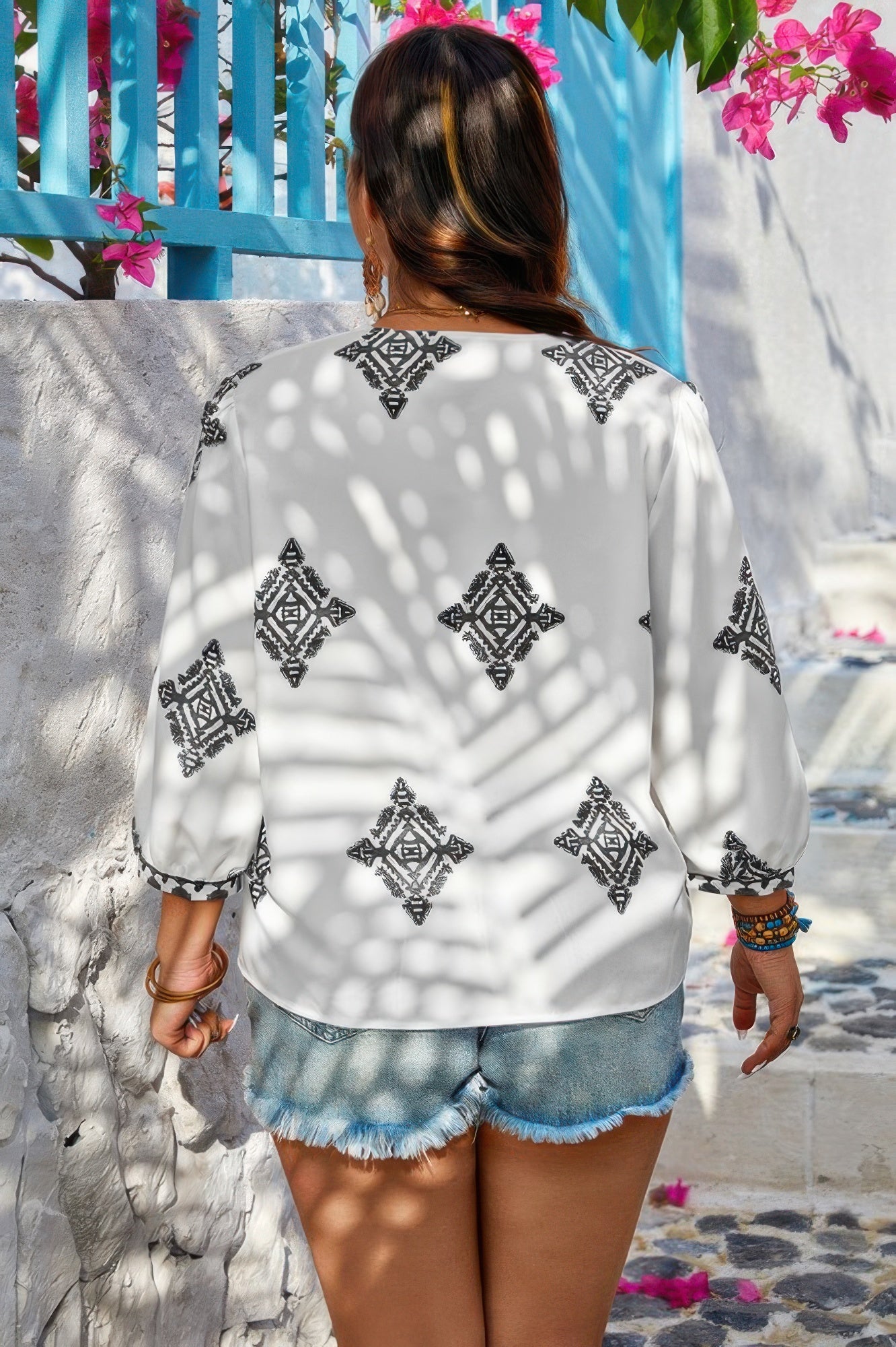 Plus Size Women V Neck Geometric Printed Embroidered Peplum Shirt NicholesGifts
