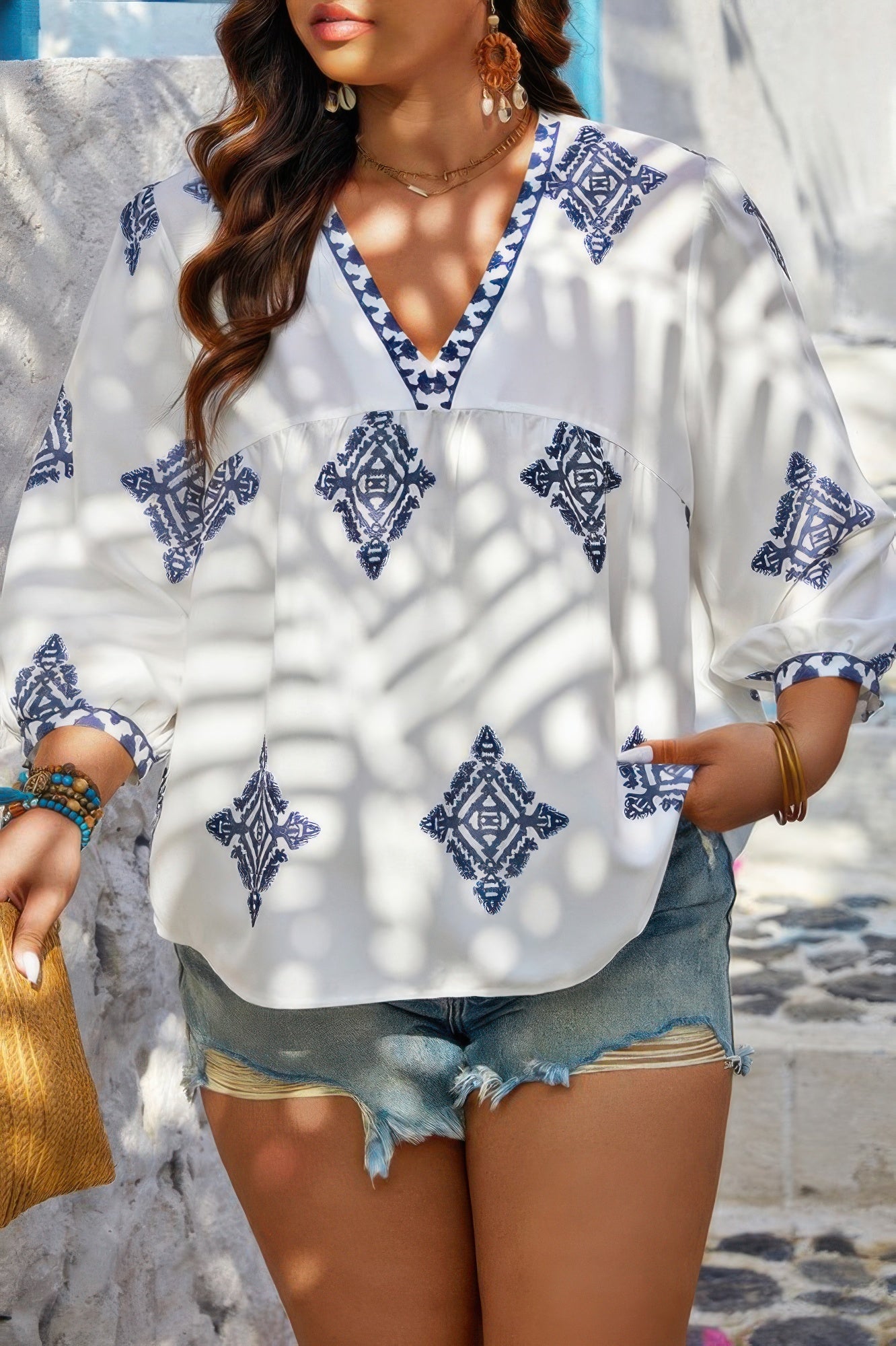 Plus Size Women V Neck Geometric Printed Embroidered Peplum Shirt NicholesGifts