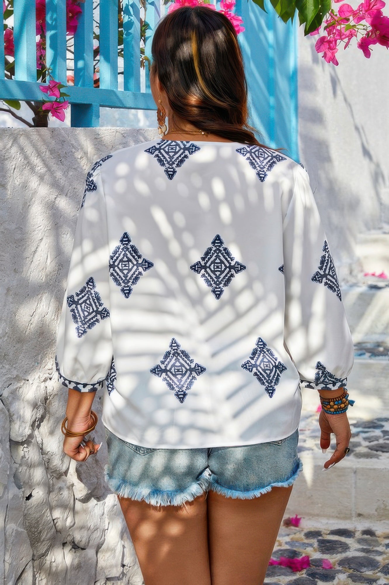 Plus Size Women V Neck Geometric Printed Embroidered Peplum Shirt NicholesGifts