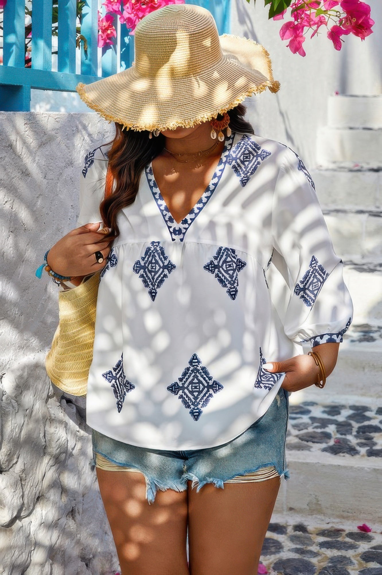 Plus Size Women V Neck Geometric Printed Embroidered Peplum Shirt NicholesGifts