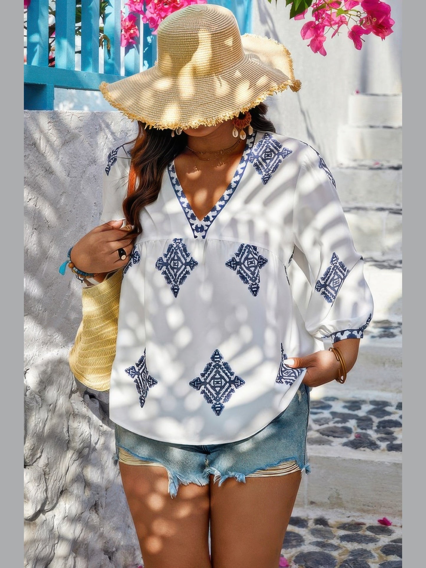 Plus Size Women V Neck Geometric Printed Embroidered Peplum Shirt