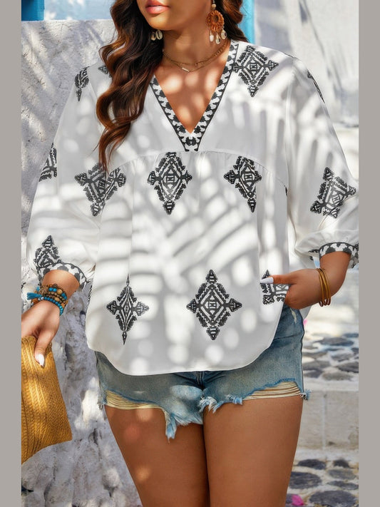 Plus Size Women V Neck Geometric Printed Embroidered Peplum Shirt