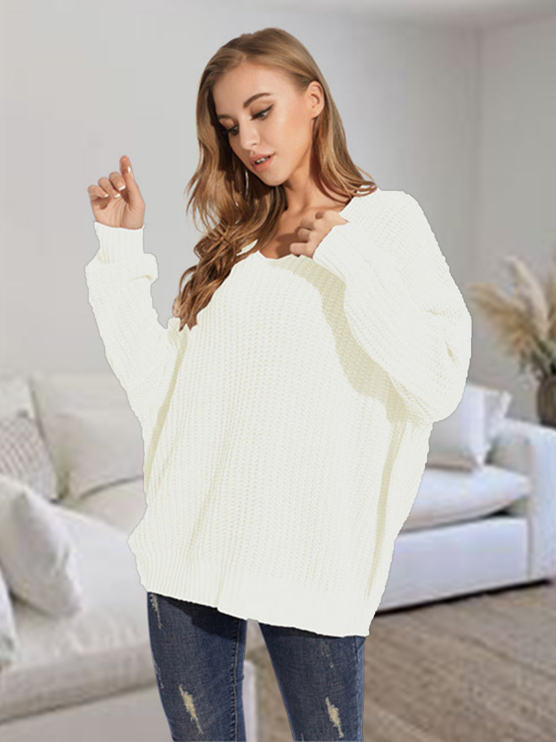 V-Neck Batwing Dropped Shoulder Sweater Trendsi