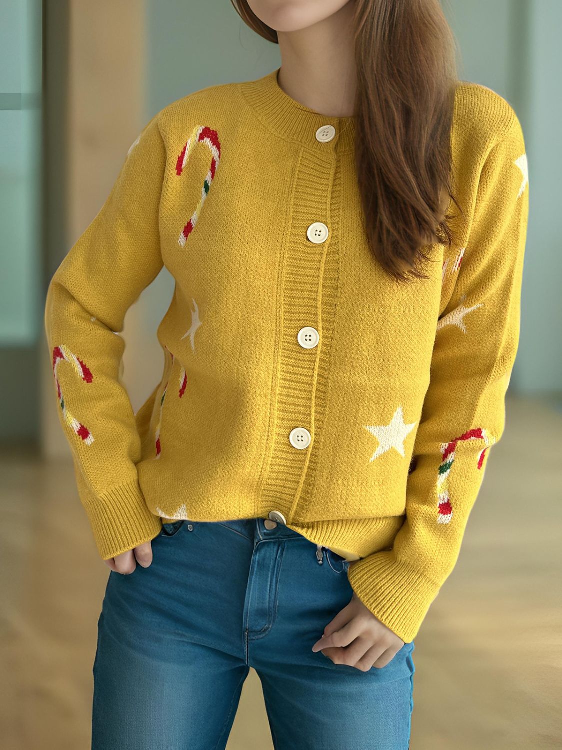 NicholesGifts Women Candy Cane & Star Button Down Long Sleeve Christmas Cardigan NicholesGifts