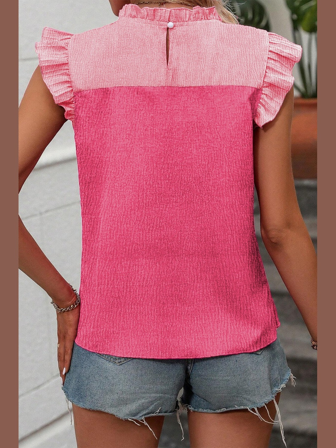 Ruffled Color Block Round Neck Blouse NicholesGifts