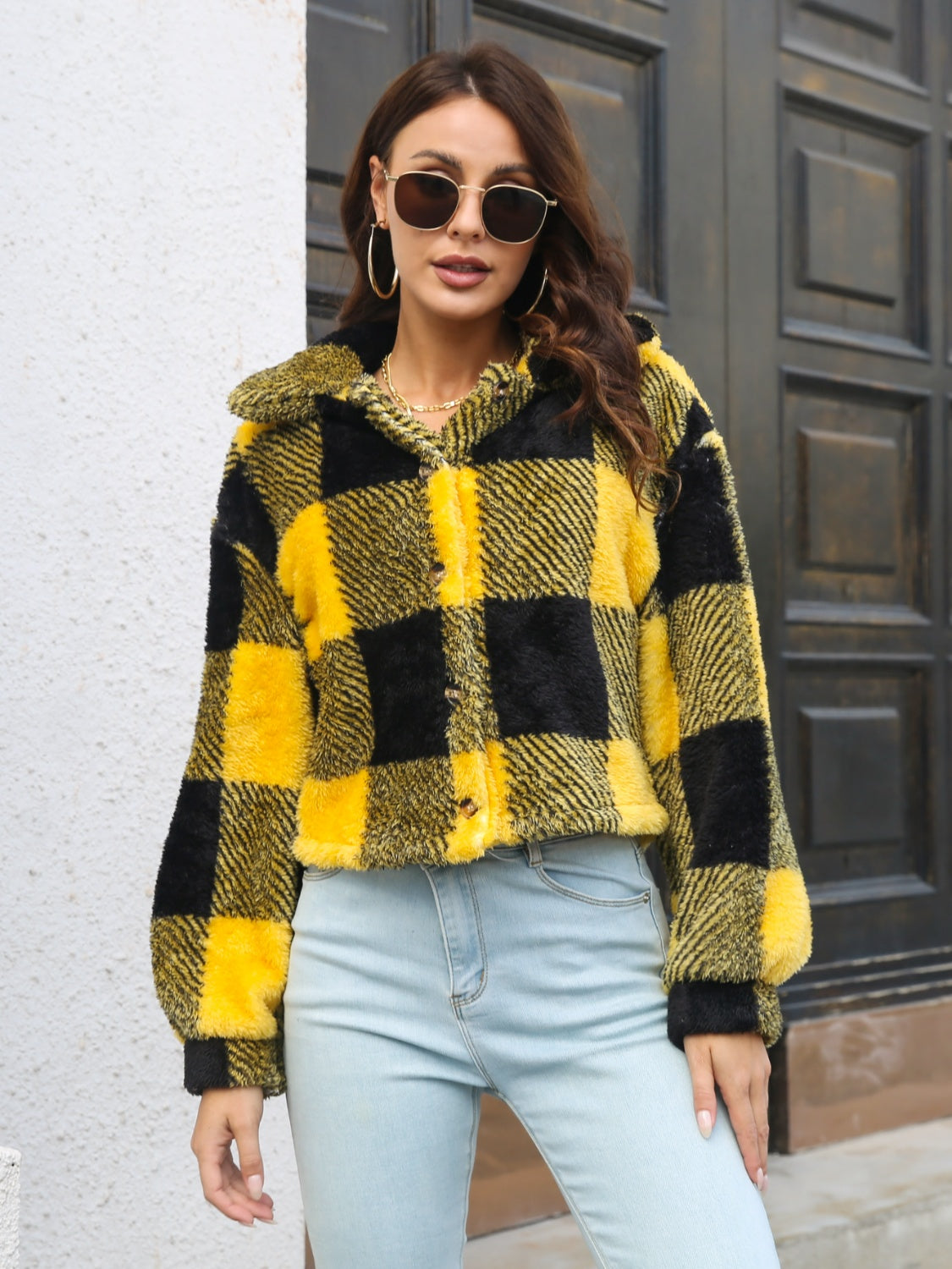 Plaid Dropped Shoulder Buttoned Jacket NicholesGifts