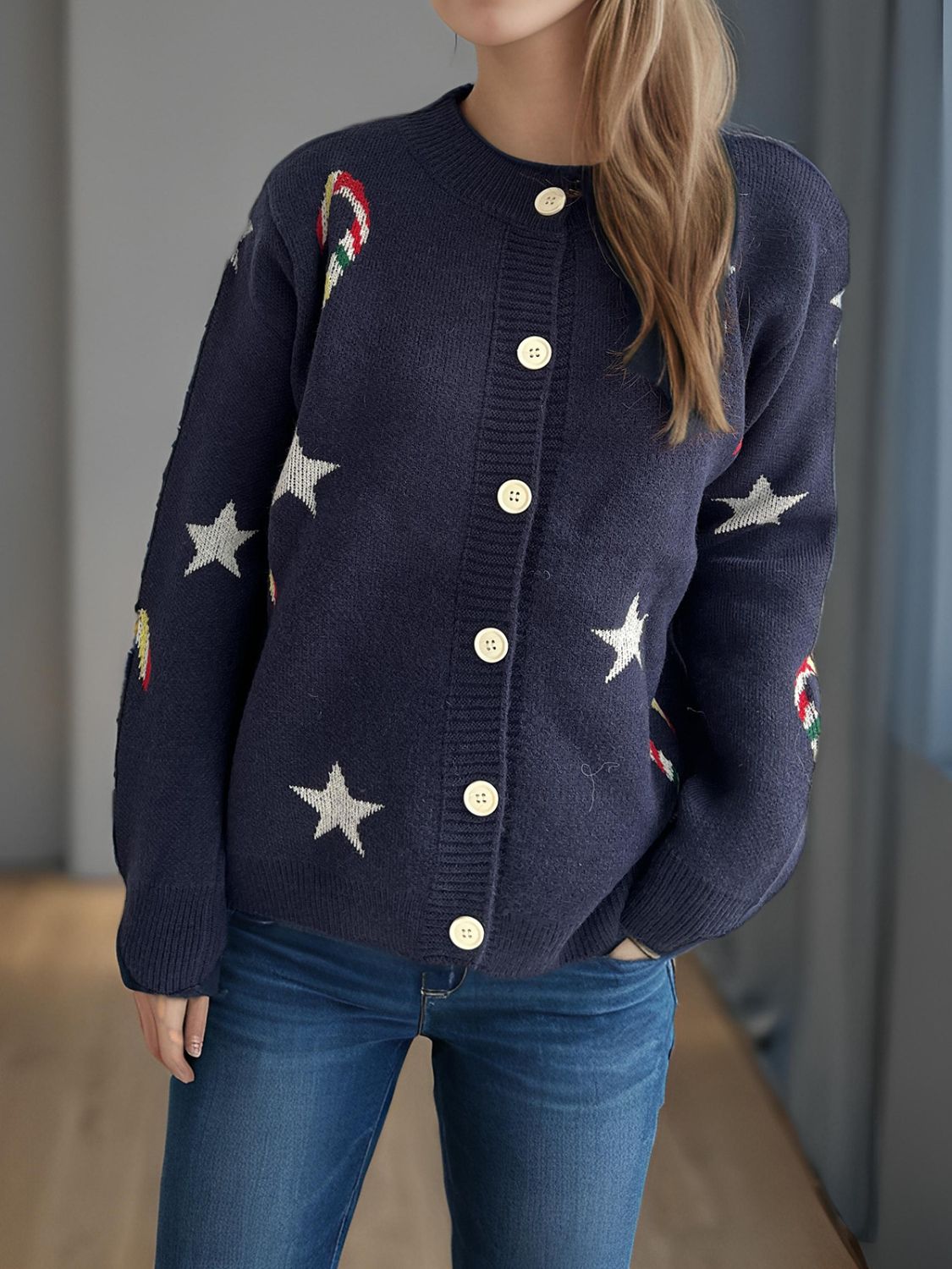 NicholesGifts Women Candy Cane & Star Button Down Long Sleeve Christmas Cardigan NicholesGifts