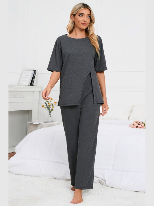 Slit Round Neck Top and Pants Lounge Set
