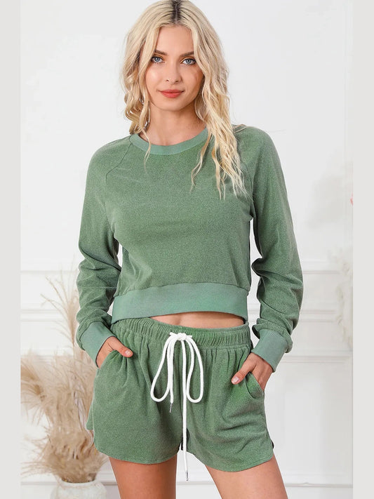 Round Neck Long Sleeve Top and Drawstring Shorts Lounge Set nicholesgifts
