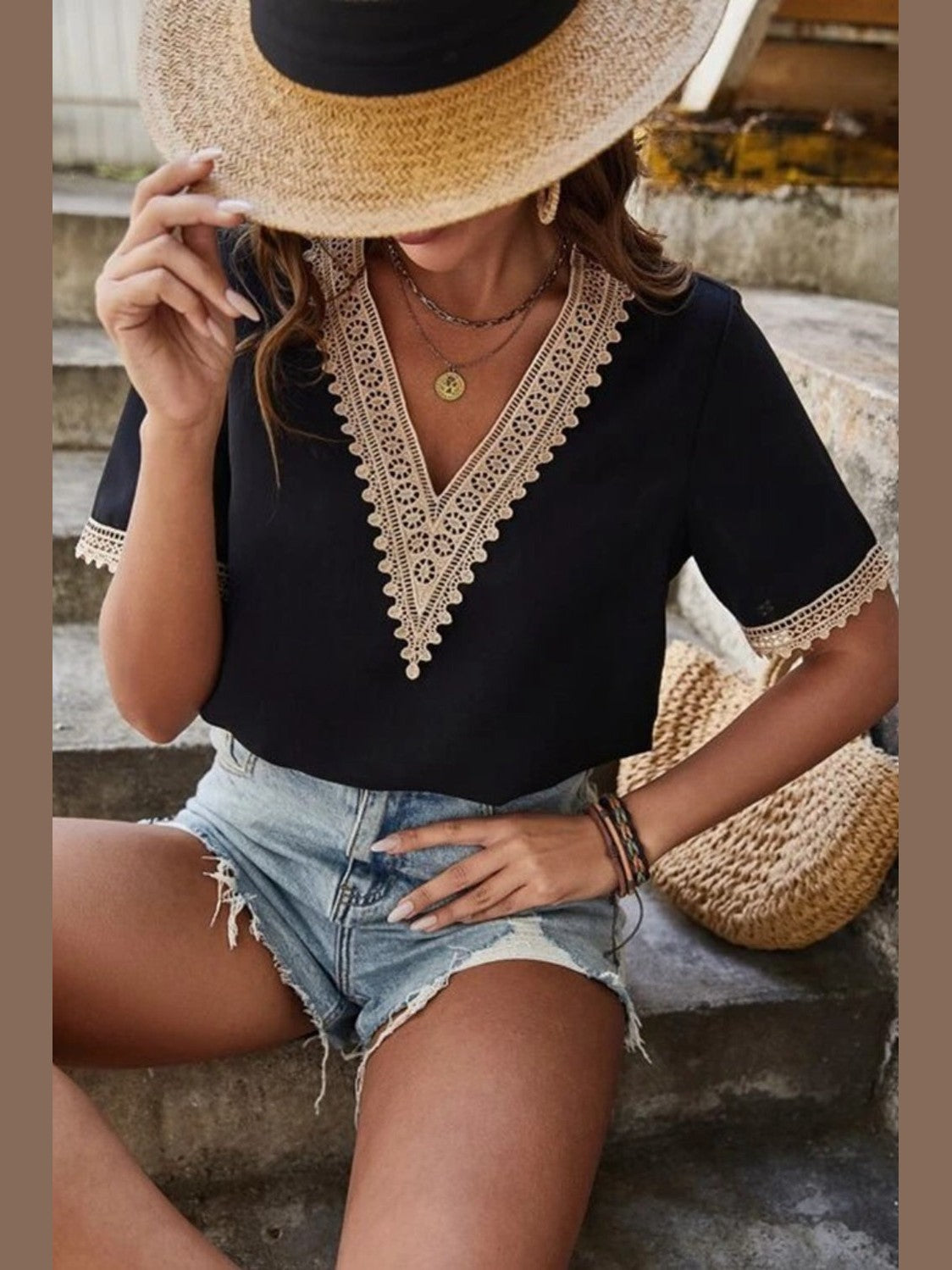 Full Size Lace Detail V-Neck Short Sleeve Blouse