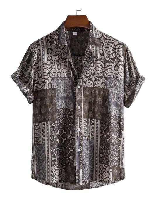 Men's Plus Size Ethnic Print Short Sleeve Button-Up Shirt NicholesGifts