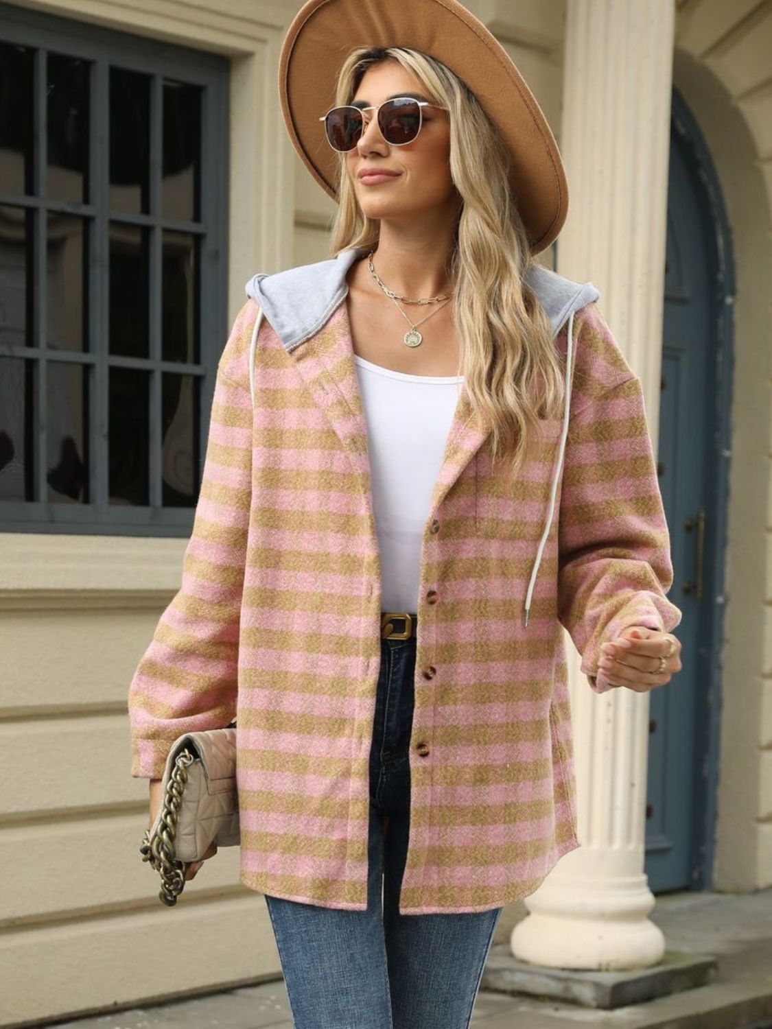 NicholesGifts Women Drawstring Plaid Long Sleeve Hooded Jacket NicholesGifts