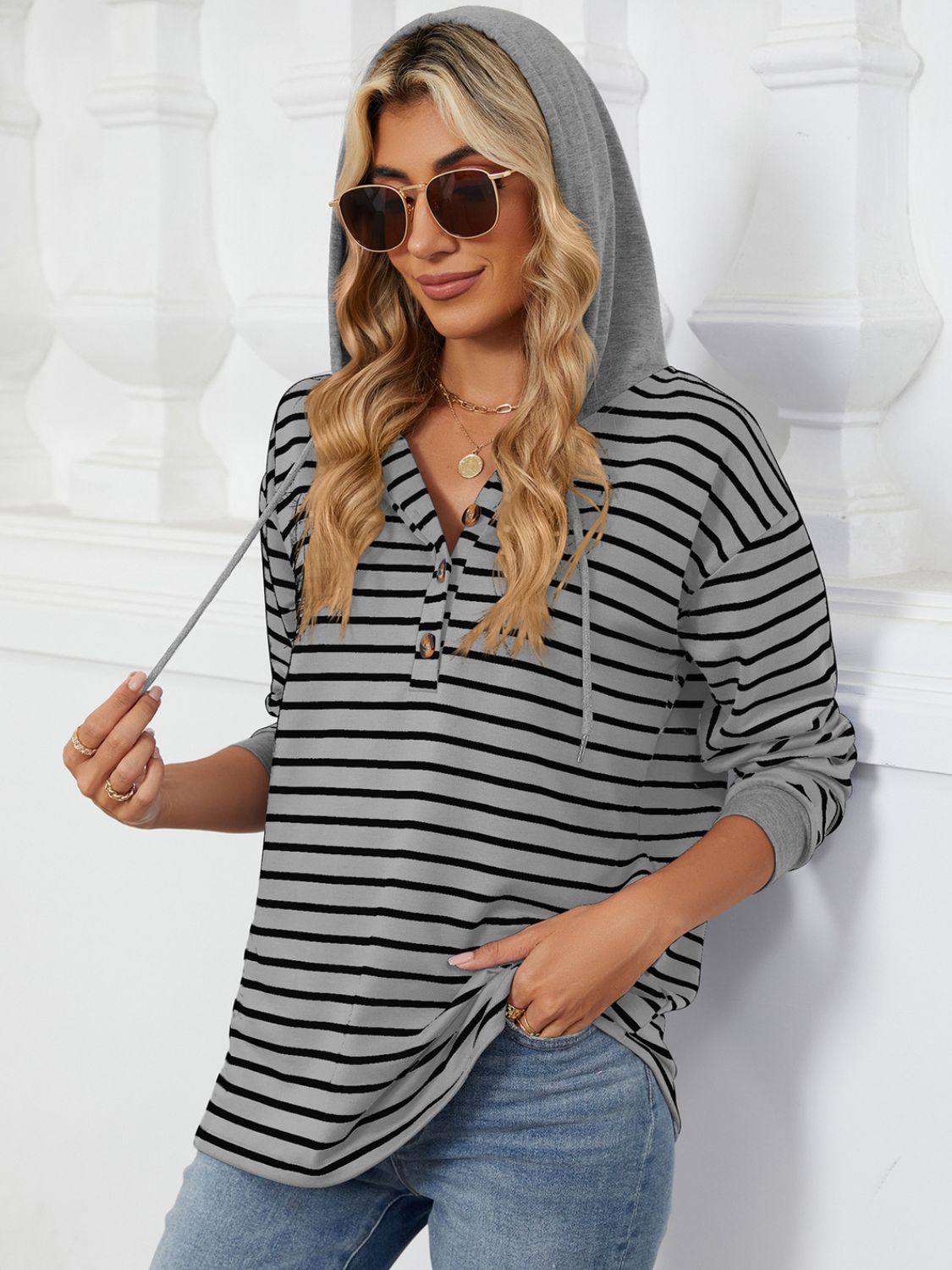 NicholesGifts Women Drawstring Striped Long Sleeve Hoodie NicholesGifts