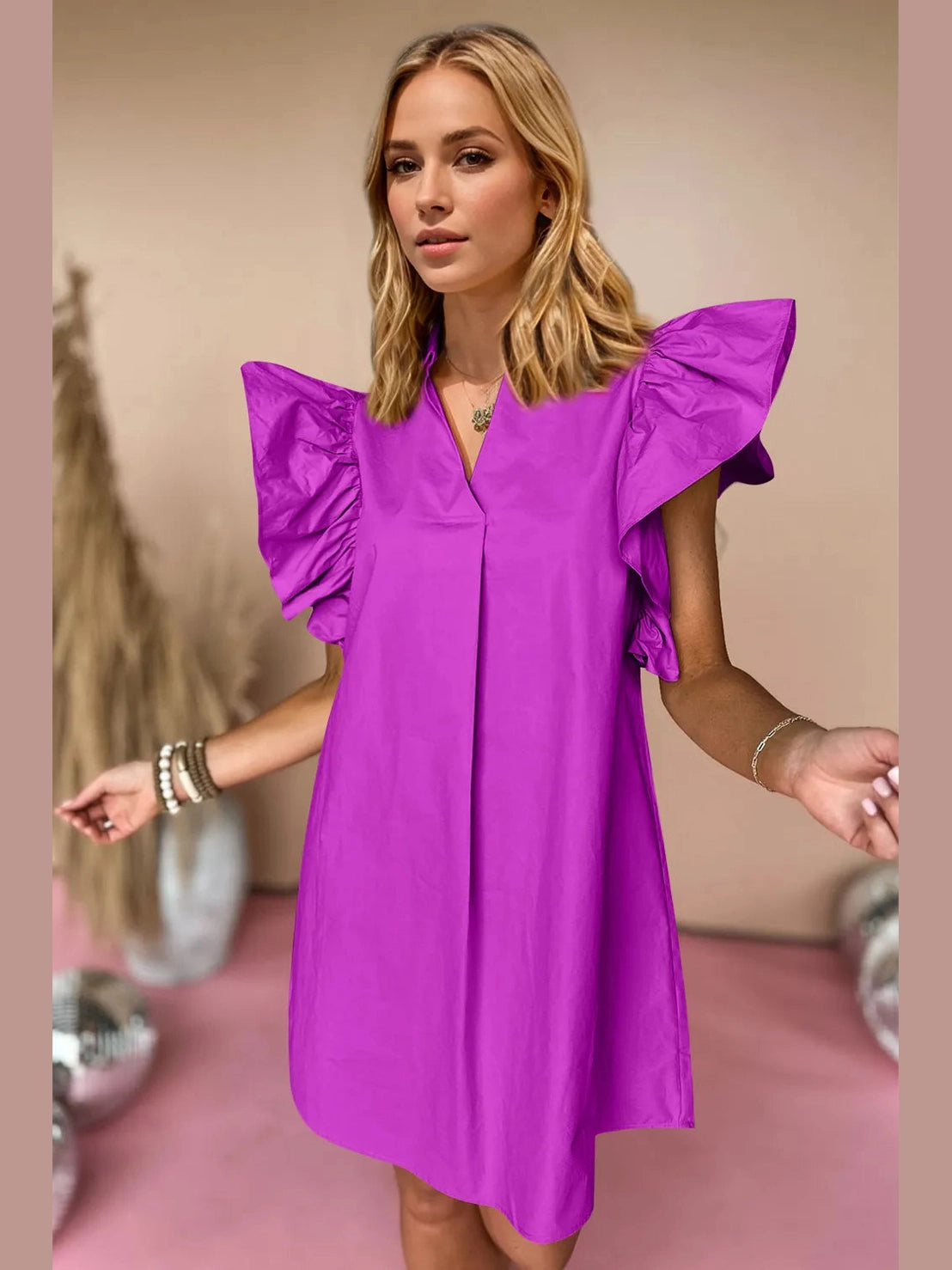 Oh Ruched Johnny Collar Cap Sleeve Mini Dress NicholesGifts