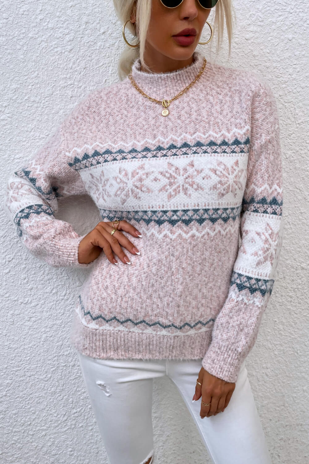NicholesGifts Women Snowflake Pattern Mock Neck Sweater NicholesGifts