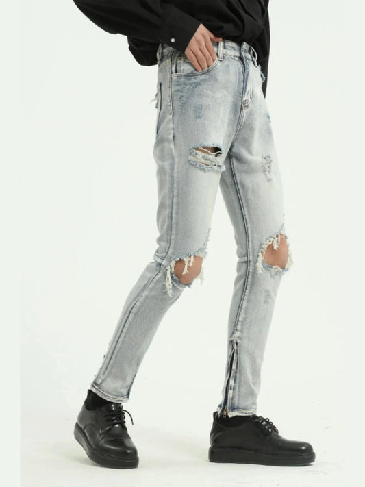 Pocketed Distressed Jeans with Side Zip Trendsi