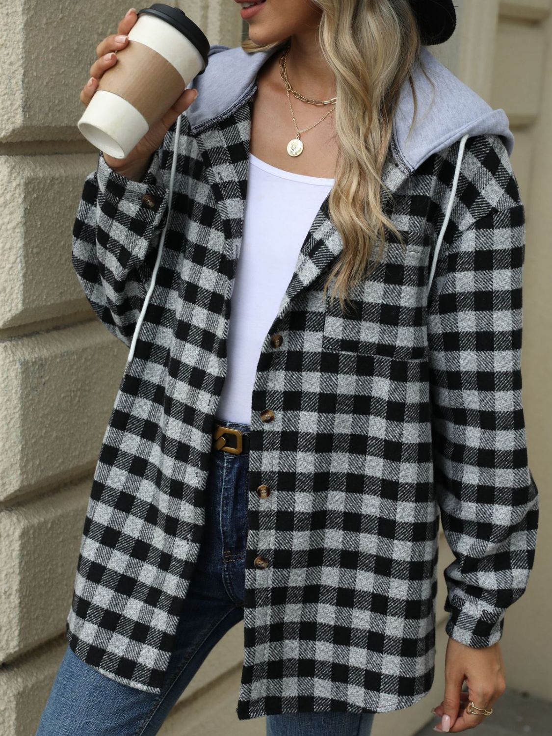 NicholesGifts Women Drawstring Plaid Long Sleeve Hooded Jacket NicholesGifts