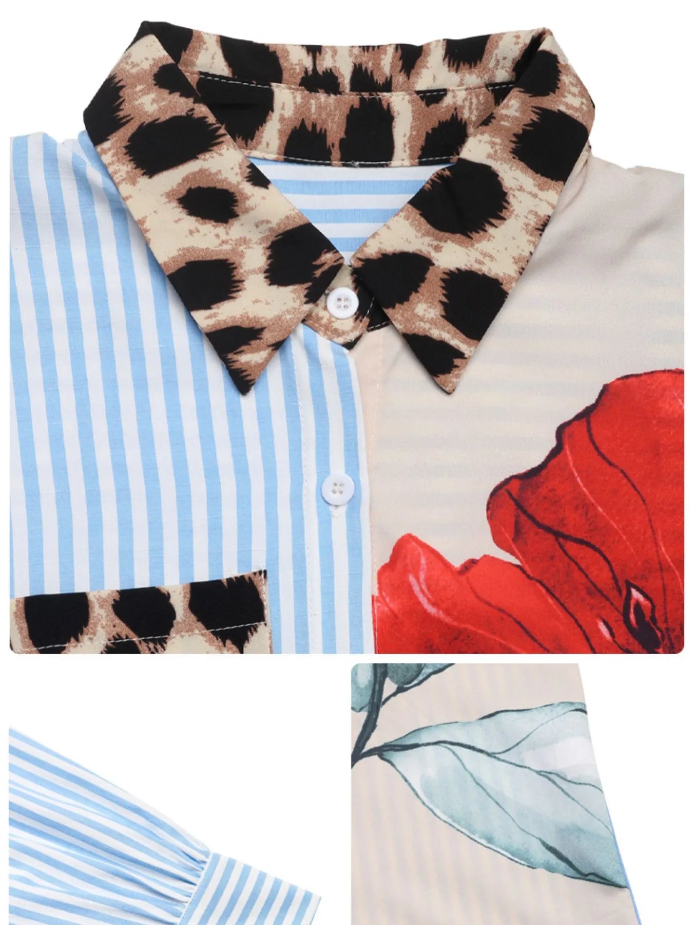 Leopard Floral Striped Casual Button-Up Shirt Trendsi