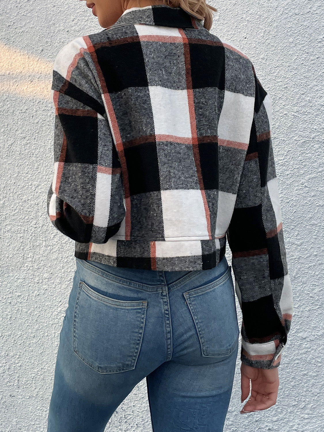Perfee Plaid Button Up Drop Shoulder Cropped Jacket NicholesGifts