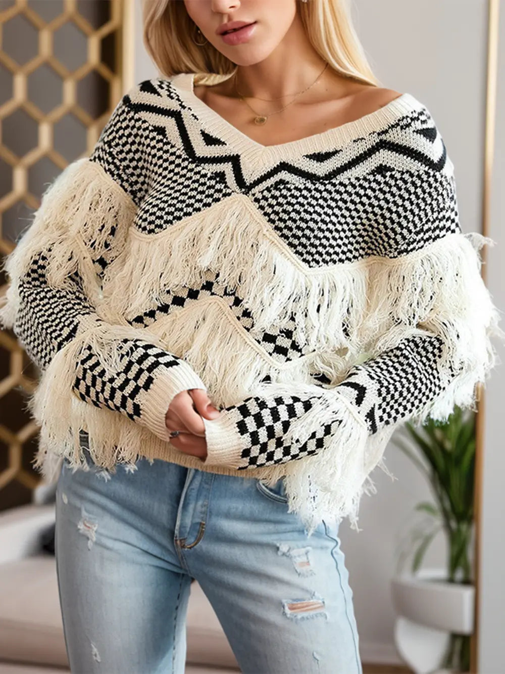 Geometric Fringe Detail V-Neck Sweater nicholesgifts