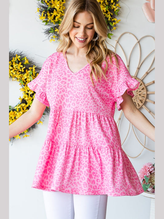 Women Full Size Leopard Ruffle Trim Short Sleeve Top