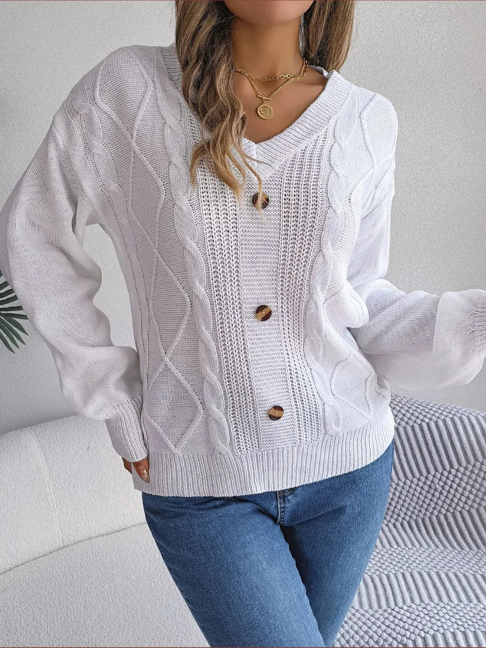 Cable-Knit Buttoned V-Neck Sweater Trendsi