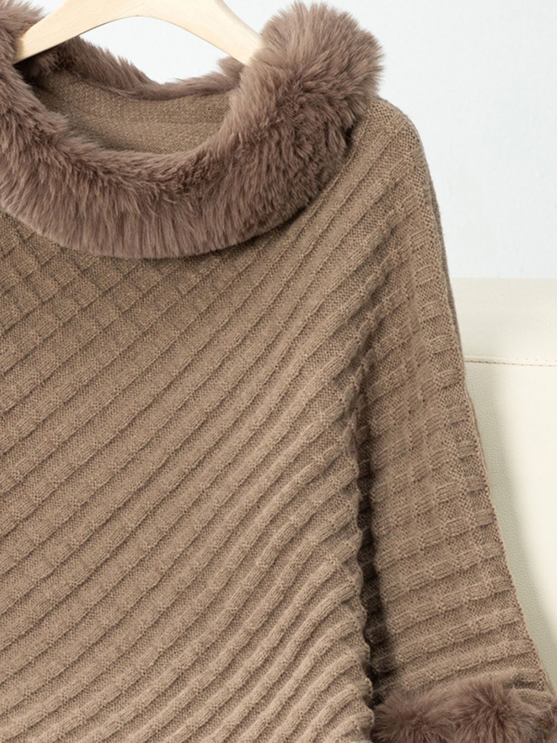 NicholesGifts Women Fuzzy Trim Texture Three-Quarter Sleeve Poncho NicholesGifts