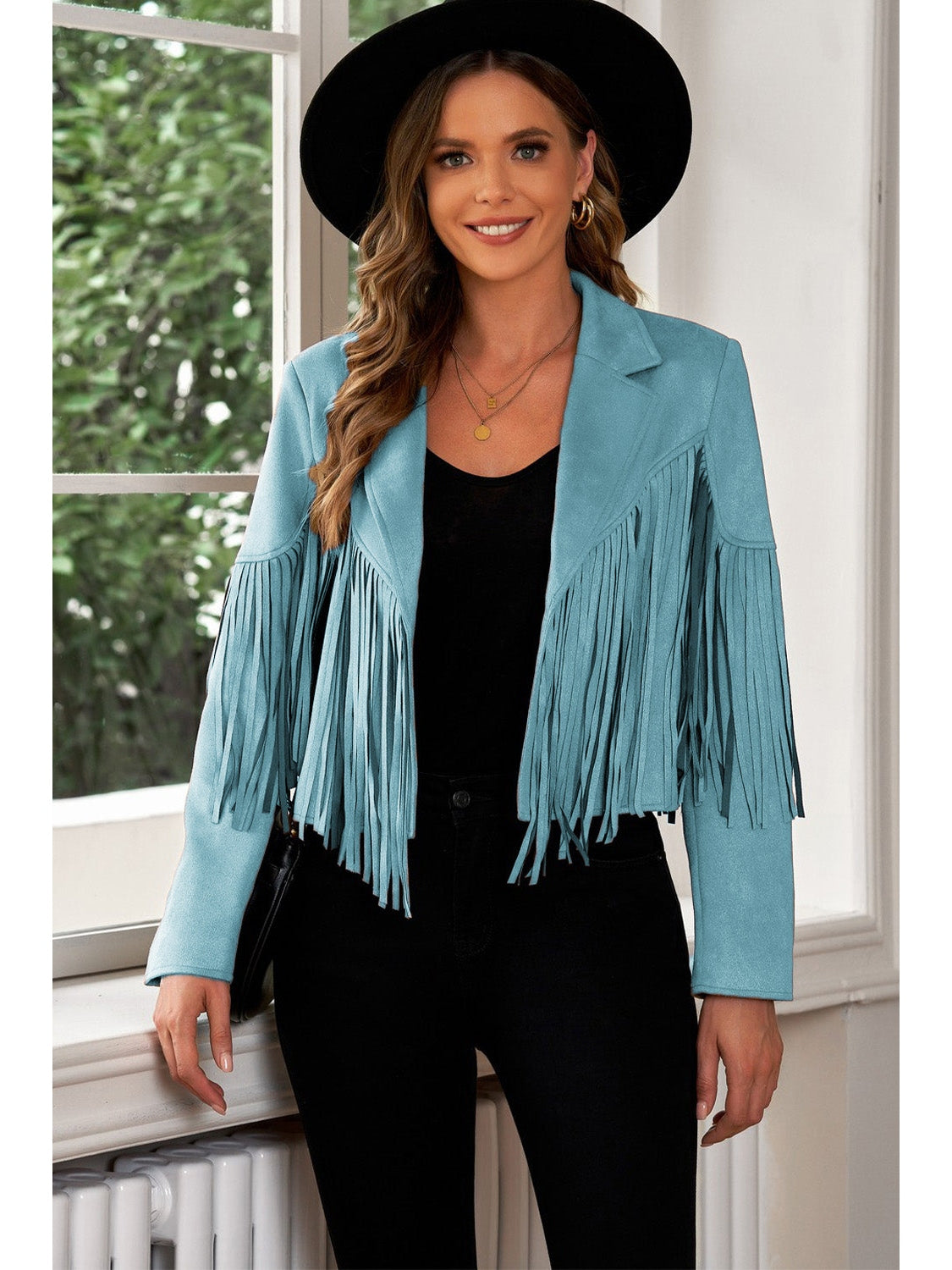 Fringe Trim Lapel Collar Cropped Blazer NicholesGifts