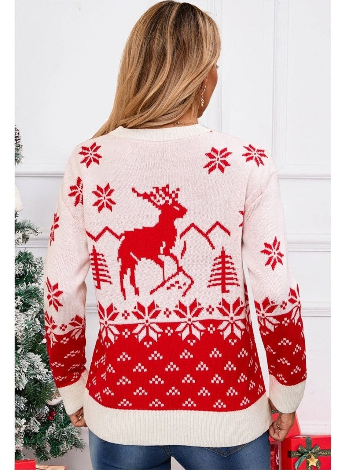 Angel Wings Deer Pattern Round Neck Long Sleeve Sweater
