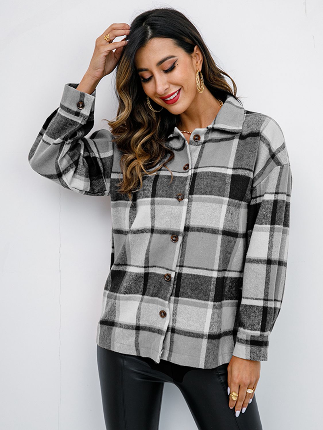 Shiny Plaid Button Up Collared Neck Jacket NicholesGifts