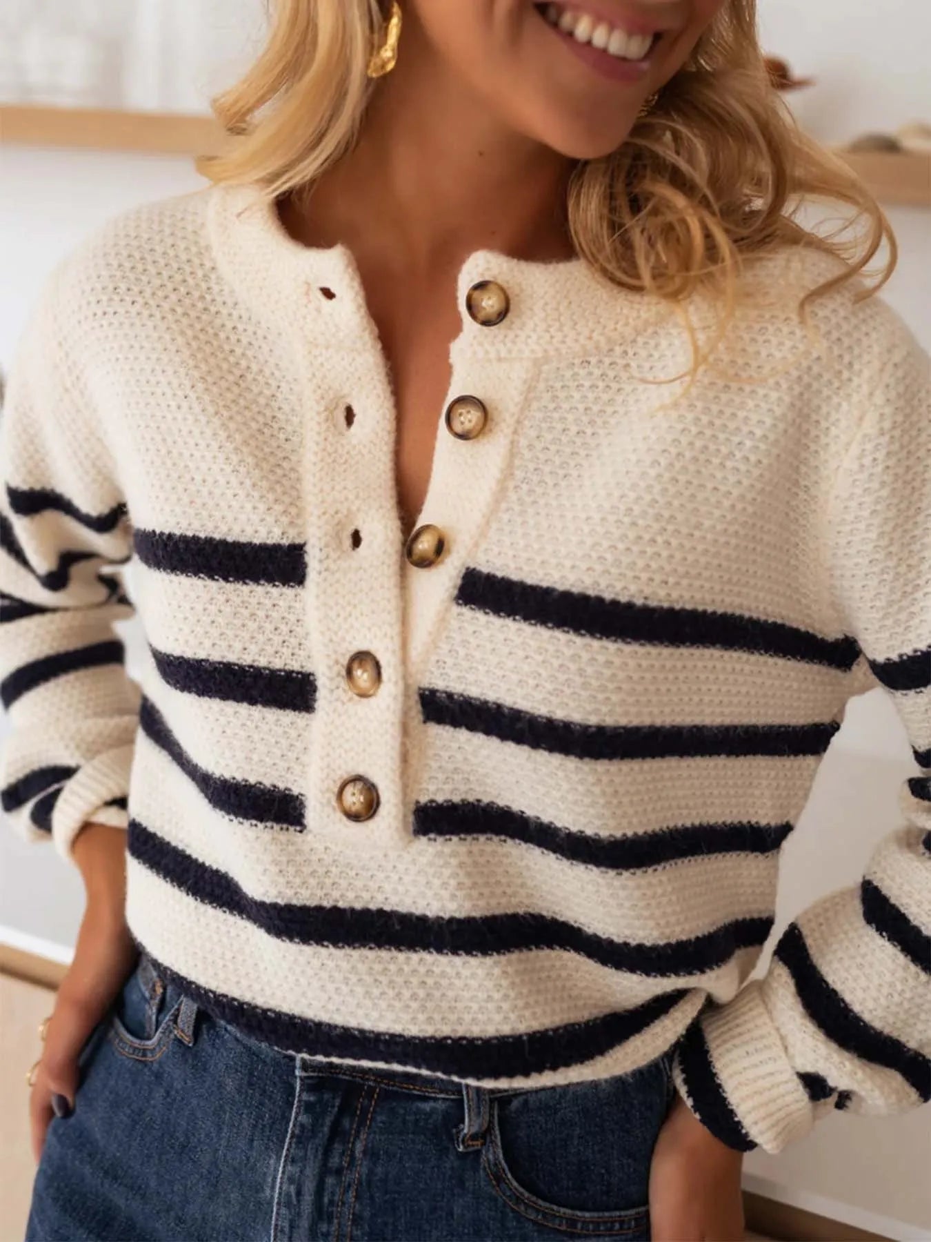 Striped Button-Front Sweater Trendsi