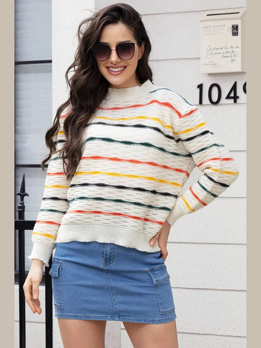 Striped Round Neck Long Sleeve Sweater Trendsi