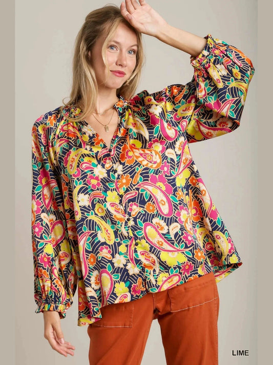 Umgee Full Size Satin Paisley Ruffle Neck Button-Up Shirt Plus Size NicholesGifts