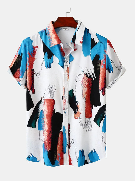 Men's Plus Size Abstract Print Short Sleeve Button-Down Casual Shirt NicholesGifts