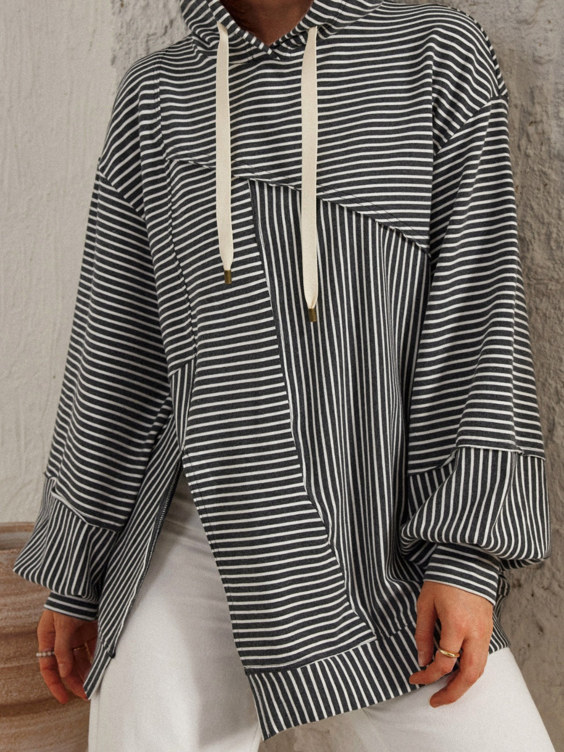 NicholesGifts Women Slit Drawstring Striped Long Sleeve Hoodie