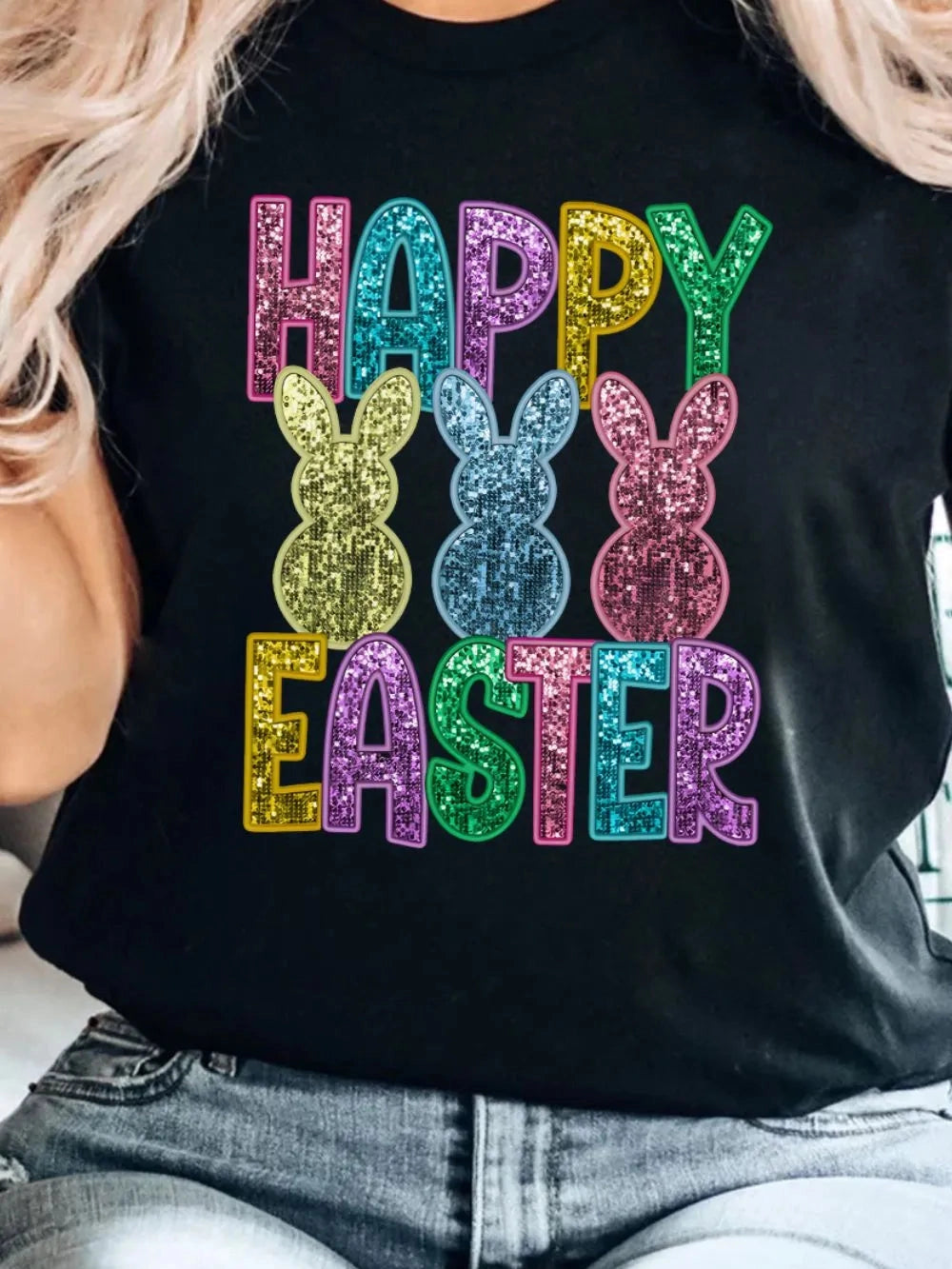 HAPPY EASTER Sequin Bunny Round Neck T-Shirt nicholesgifts