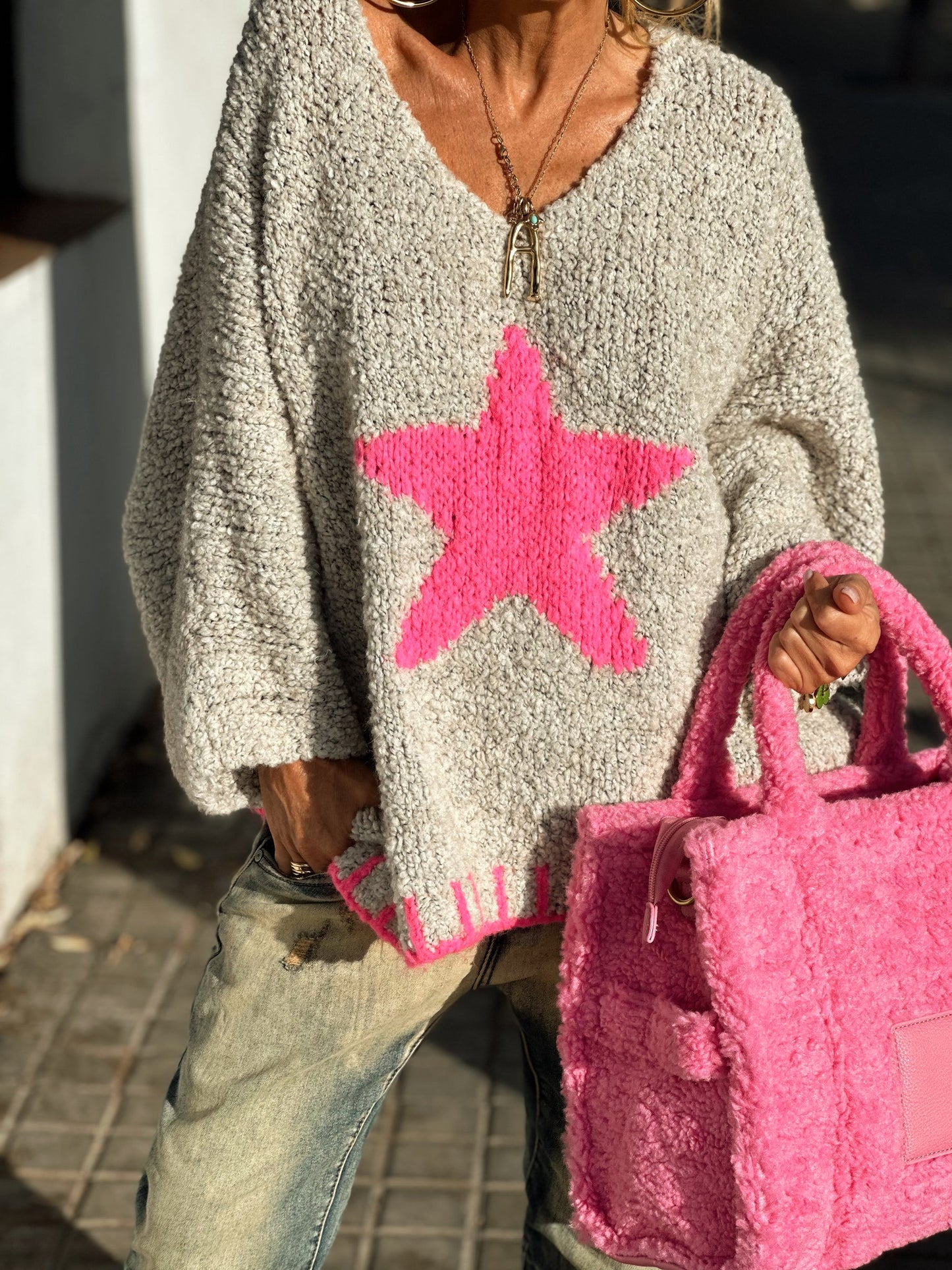 Star V-Neck Long Sleeve Oversize Sweater NicholesGifts